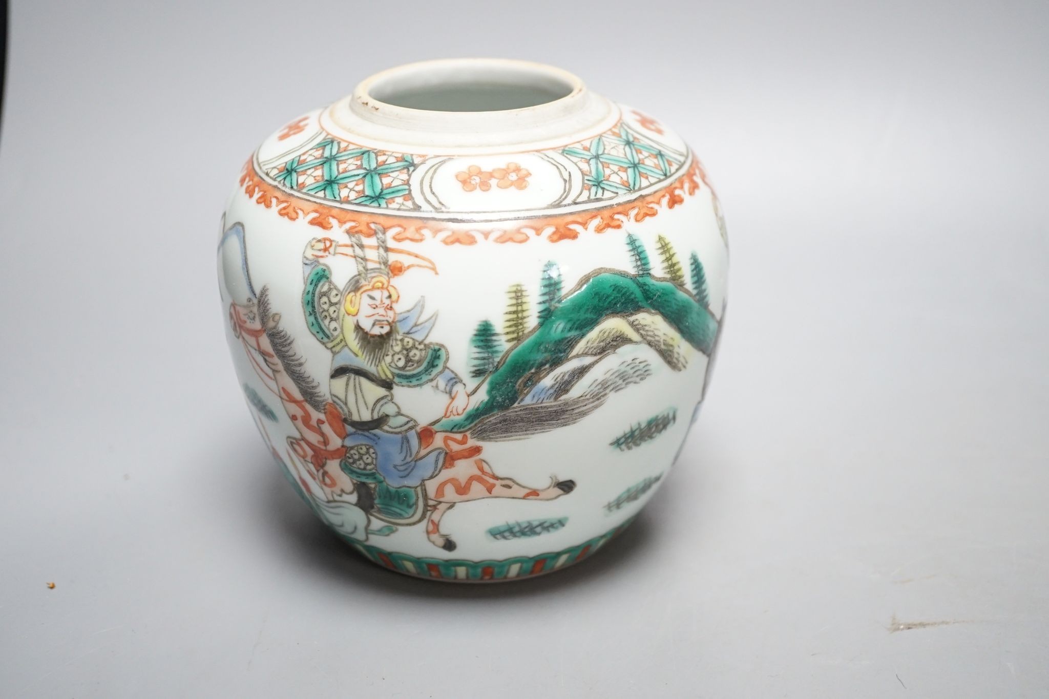 A Chinese famille verte jar, a Chinese enamelled porcelain stem dish, a famille rose cup and a Japanese Satsuma pottery model of a bucket, tallest 15.5cm